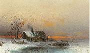 wilhelm von gegerfelt, Winter picture with cabin at a river